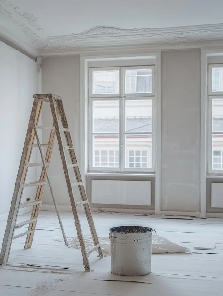Heller Altbau-Raum mit Stuckdecke während der Sanierung.
